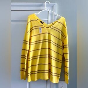 Yellow and Light Brown Stripped V-Neck Sweater from Talbots